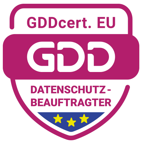 GDD-Zertifikat für Datenschutzbeauftragte mit EU-Sternen auf einem lila Schild.